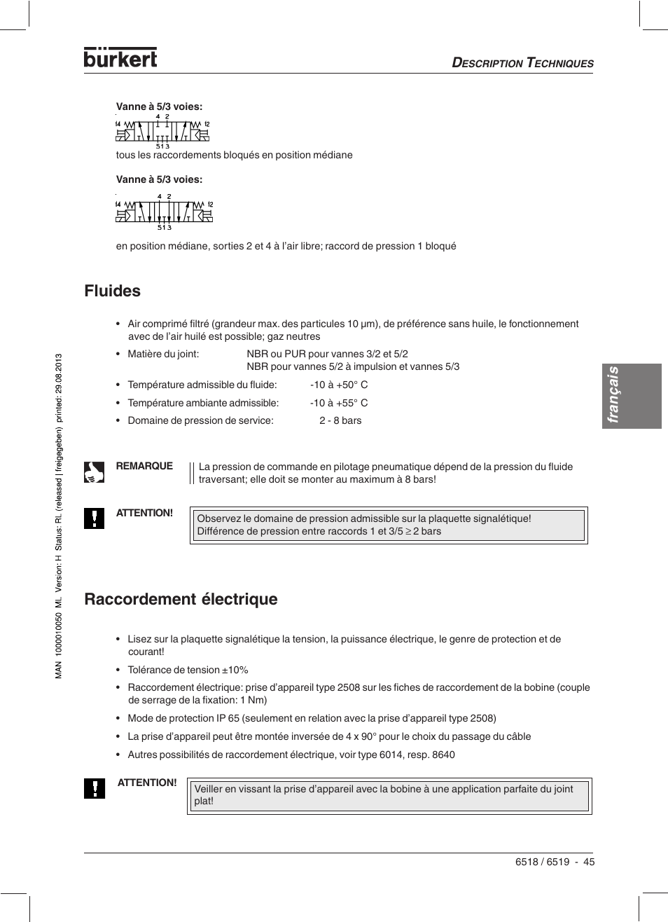 Raccordement électrique, Fluides, Français | Burkert Type 6519 User Manual | Page 47 / 57