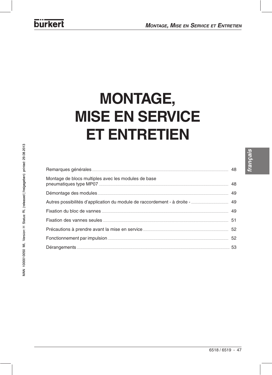 Montage, mise en service et entretien | Burkert Type 6519 User Manual | Page 49 / 57