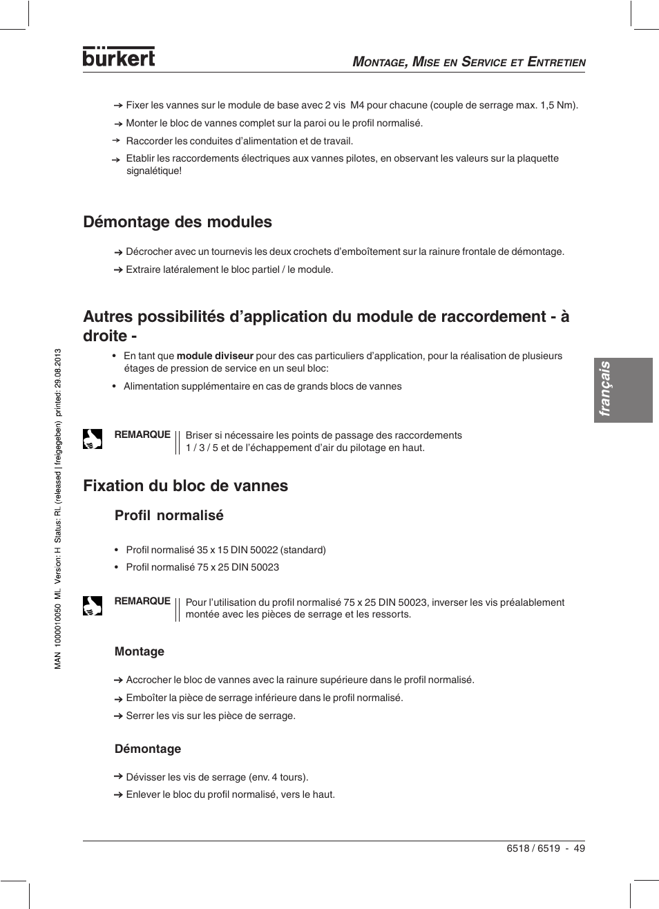 Démontage des modules, Fixation du bloc de vannes, Français | Profil normalisé | Burkert Type 6519 User Manual | Page 51 / 57