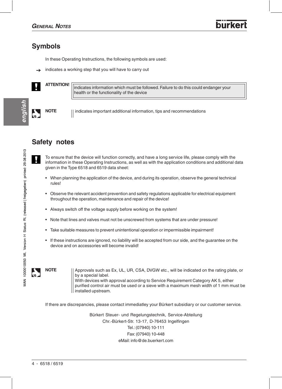 Symbols, English | Burkert Type 6519 User Manual | Page 6 / 57