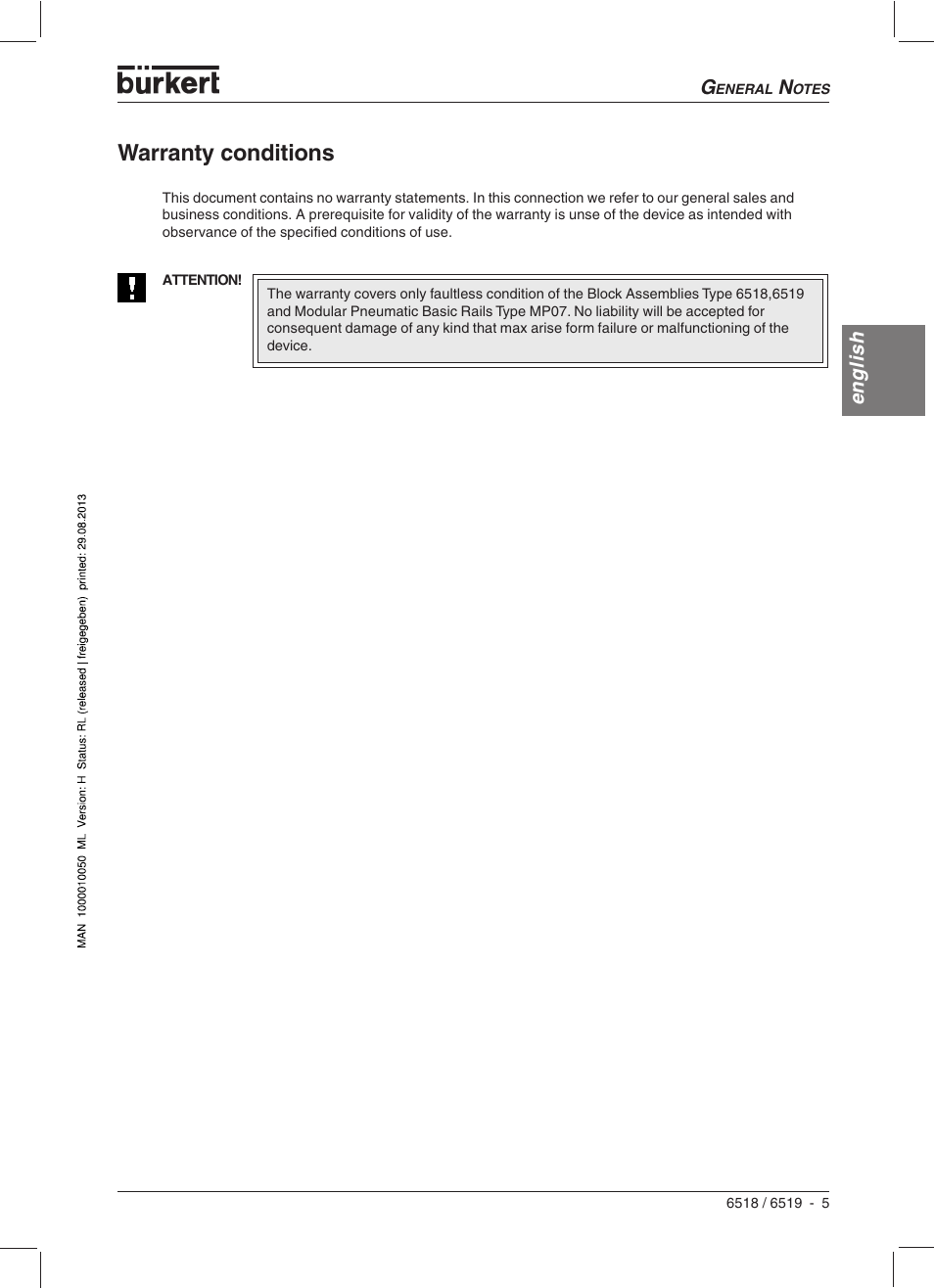 Warranty conditions | Burkert Type 6519 User Manual | Page 7 / 57