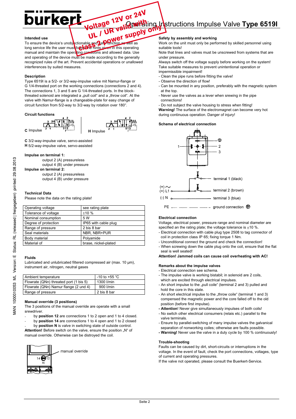 Operating instructions impulse valve type 6519i | Burkert Type 6519 User Manual | Page 2 / 3