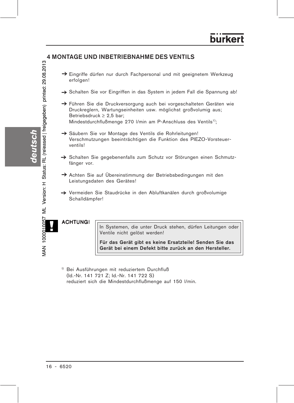 Deutsch, 4 montage und inbetriebnahme des ventils | Burkert Type 6520 User Manual | Page 18 / 33