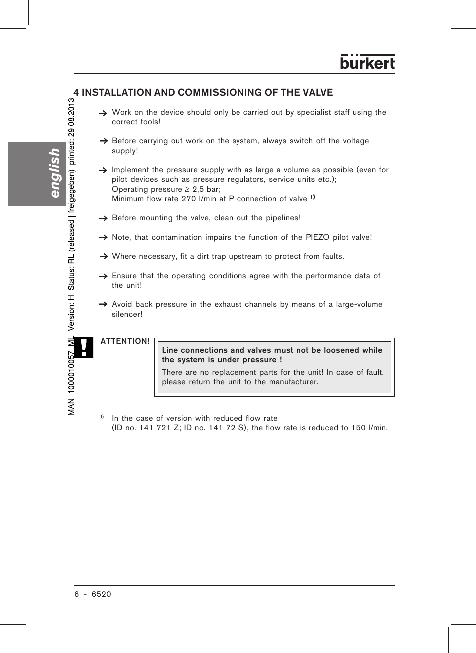 English, 4 installation and commissioning of the valve | Burkert Type 6520 User Manual | Page 8 / 33