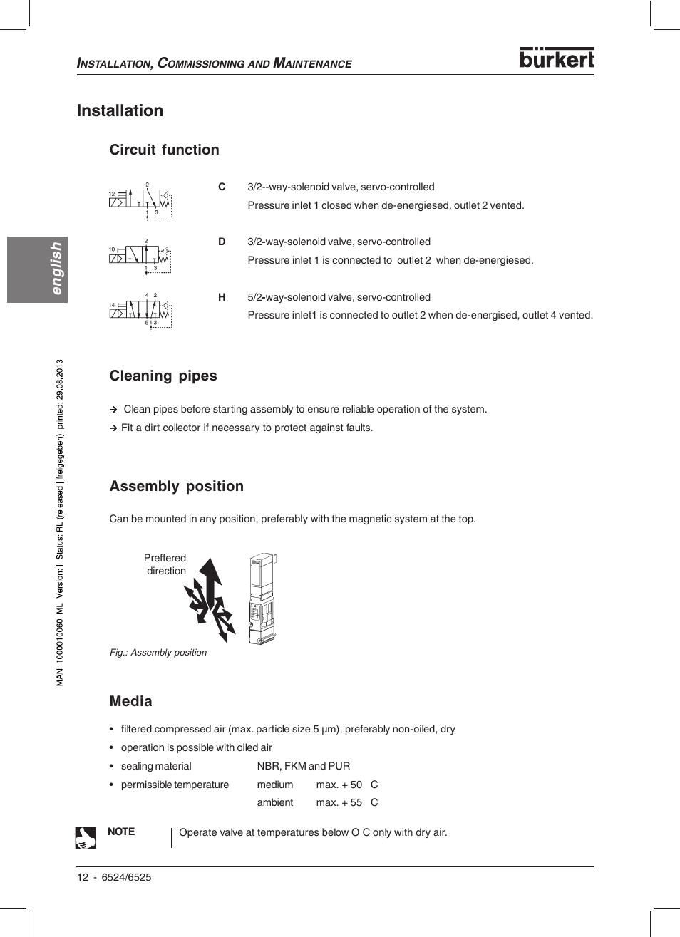 Installation, English, Circuit function | Media, Assembly position, Cleaning pipes | Burkert Type 6525 User Manual | Page 14 / 57