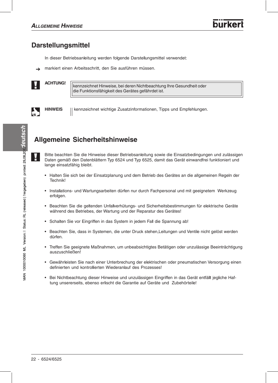 Darstellungsmittel, Allgemeine sicherheitshinweise, Deutsc h | Burkert Type 6525 User Manual | Page 24 / 57