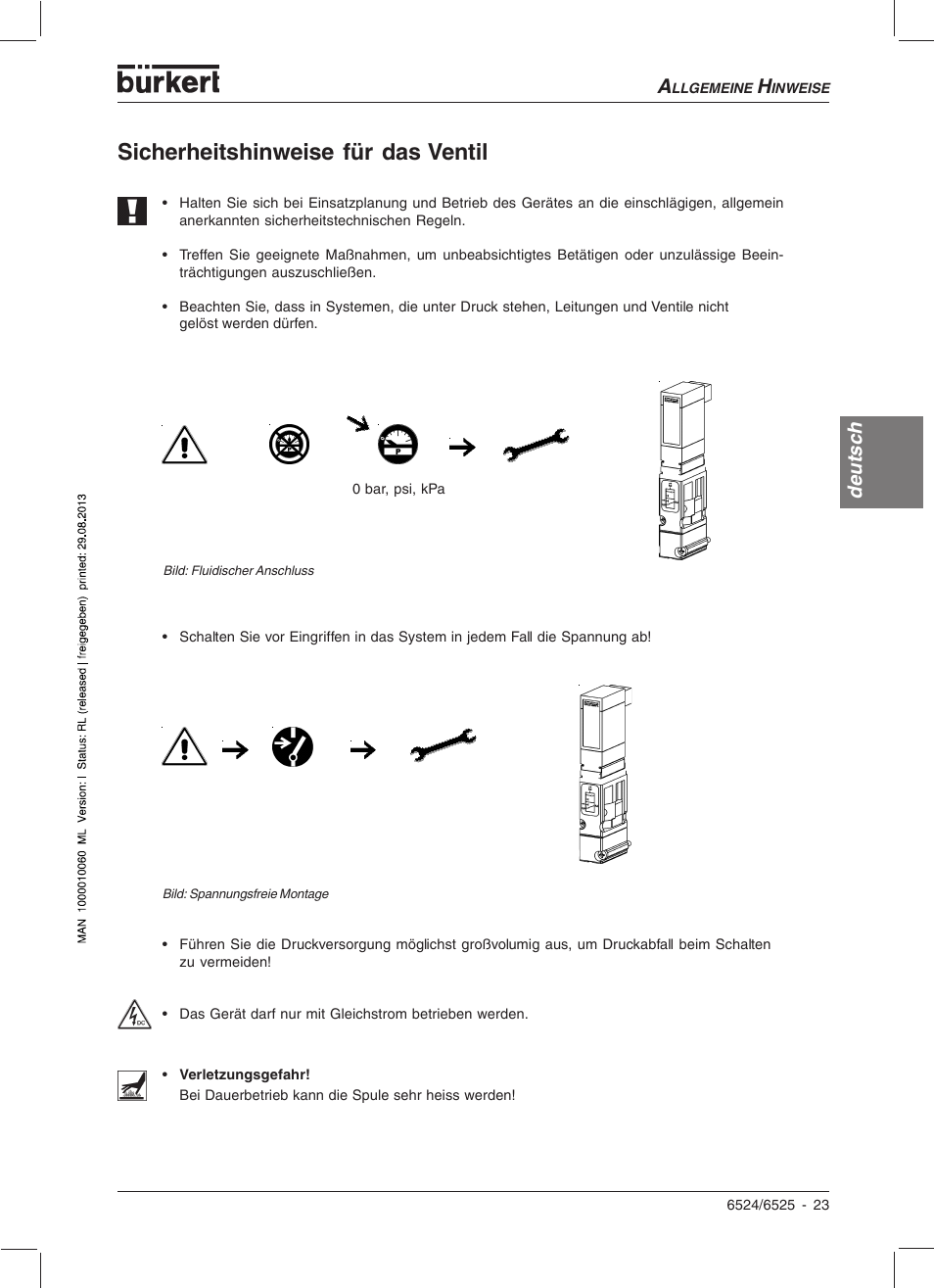 Sicherheitshinweise für das ventil, Deutsc h | Burkert Type 6525 User Manual | Page 25 / 57