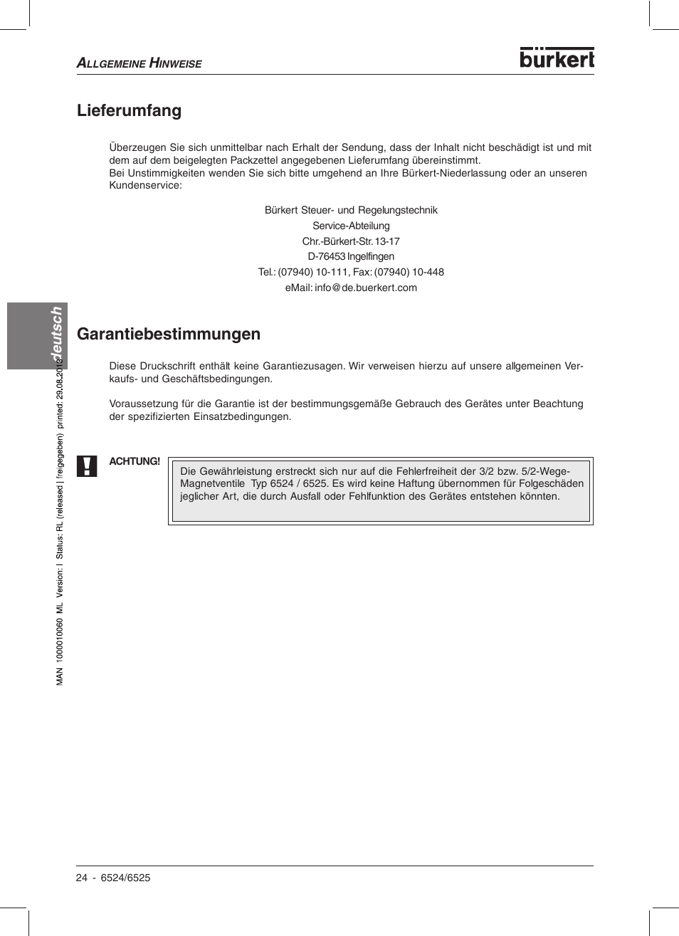 Garantiebestimmungen, Lieferumfang, Deutsc h | Burkert Type 6525 User Manual | Page 26 / 57
