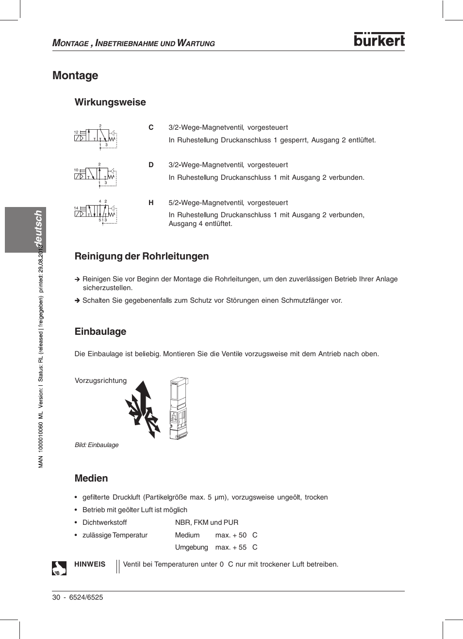 Montage, Deutsc h, Wirkungsweise | Medien, Einbaulage, Reinigung der rohrleitungen | Burkert Type 6525 User Manual | Page 32 / 57