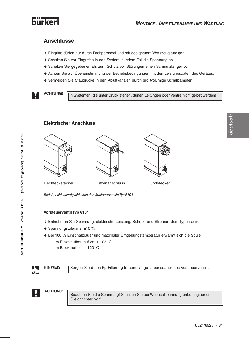 Deutsc h, Anschlüsse | Burkert Type 6525 User Manual | Page 33 / 57