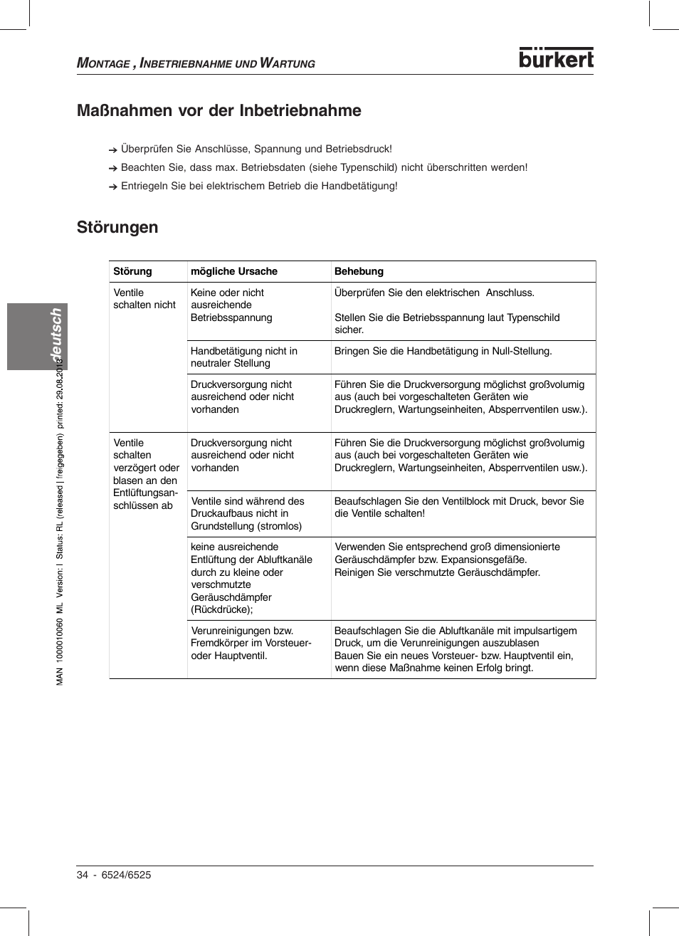 Maßnahmen vor der inbetriebnahme, Störungen, Deutsc h | Burkert Type 6525 User Manual | Page 36 / 57