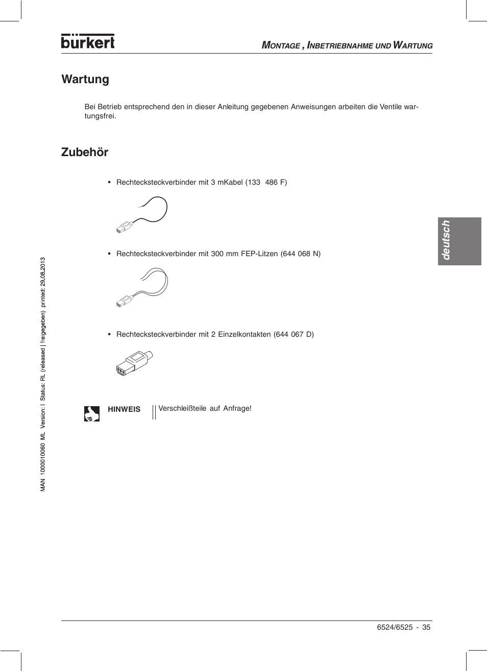 Wartung, Zubehör | Burkert Type 6525 User Manual | Page 37 / 57