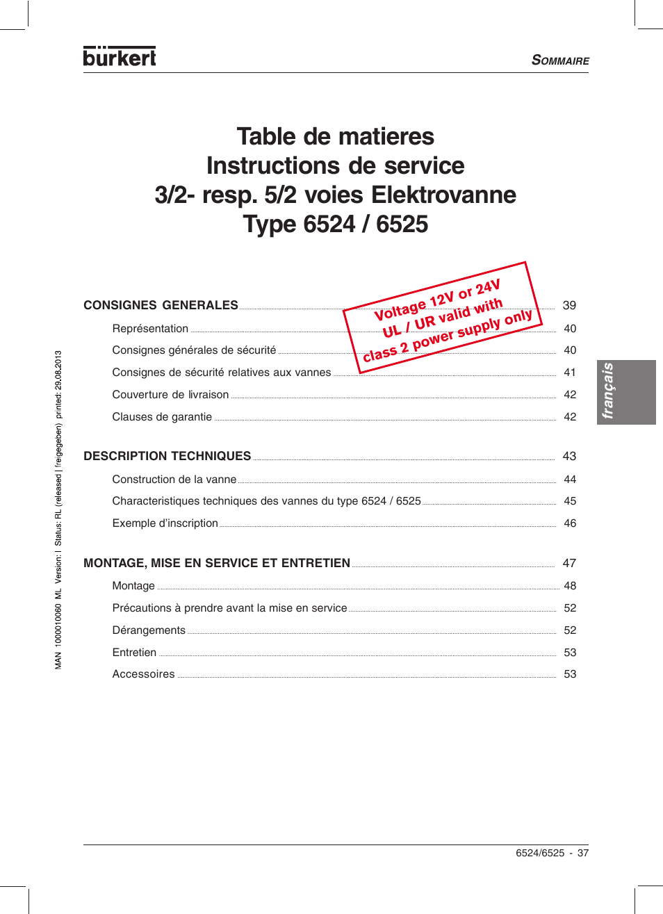 Français | Burkert Type 6525 User Manual | Page 39 / 57