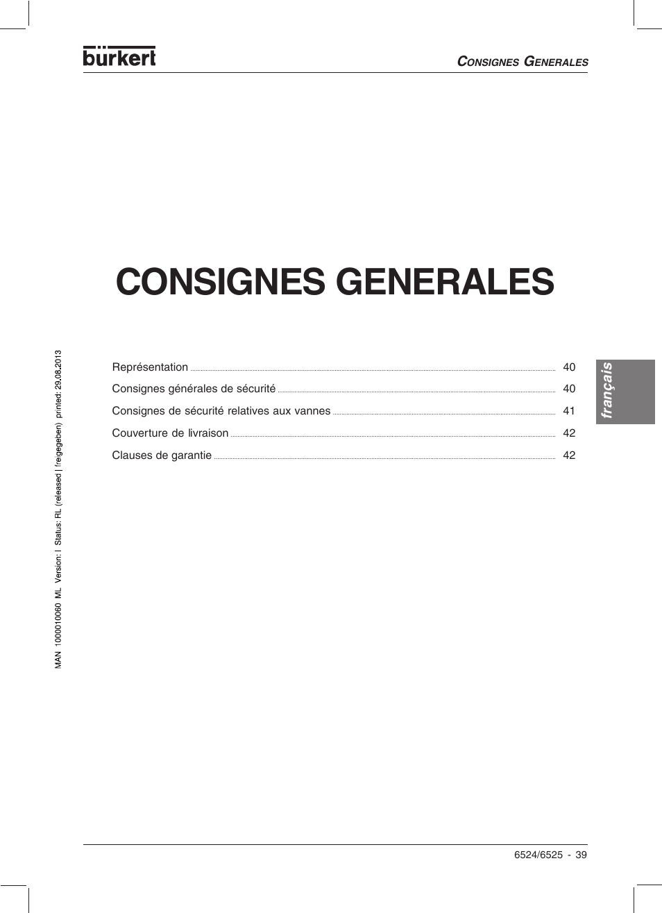 Consignes generales, Français | Burkert Type 6525 User Manual | Page 41 / 57