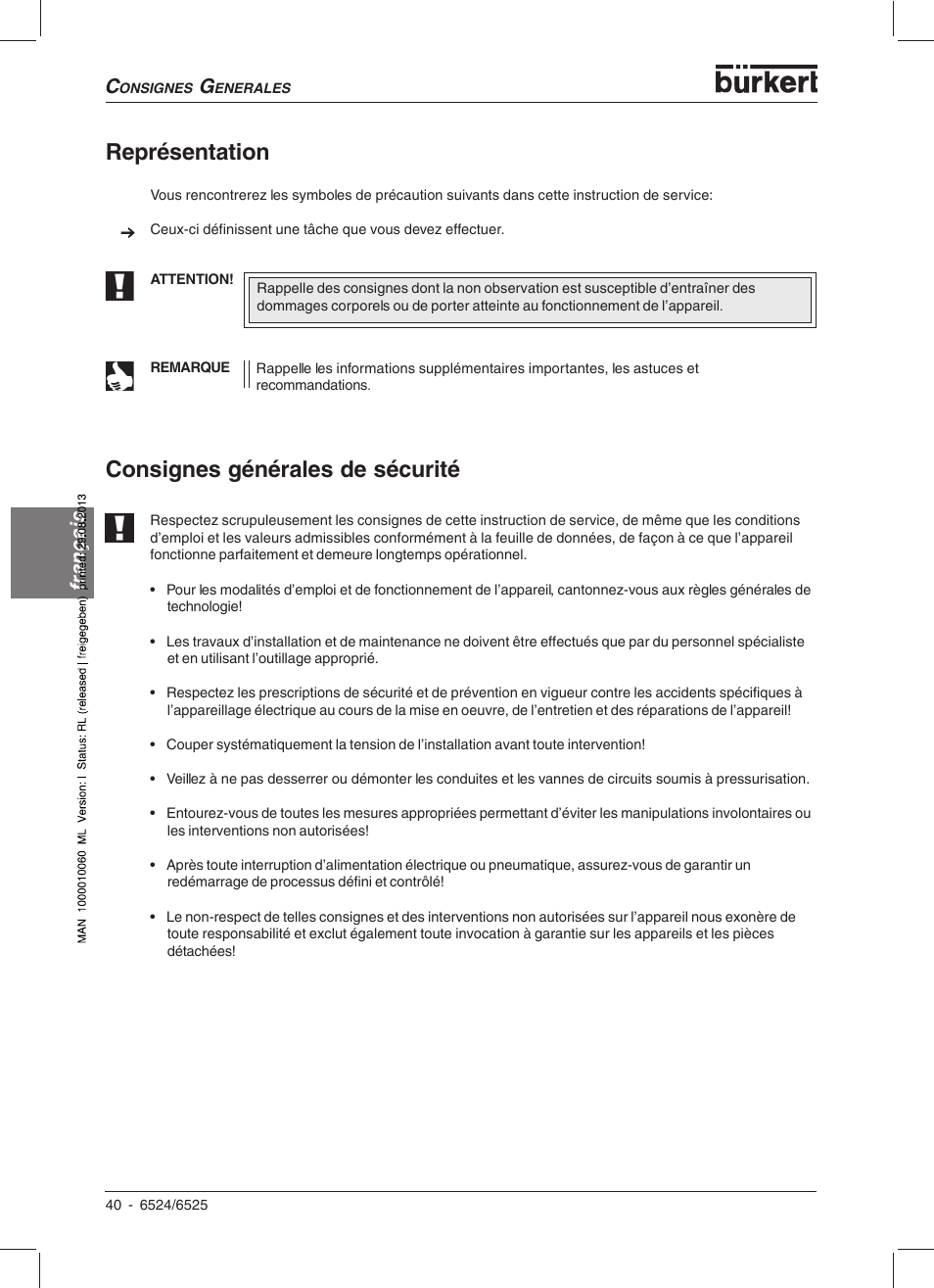 Représentation, Consignes générales de sécurité, Français | Burkert Type 6525 User Manual | Page 42 / 57