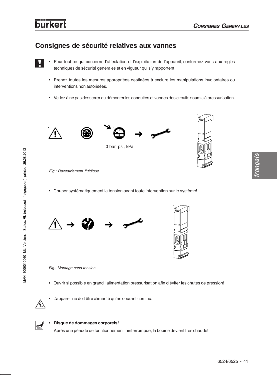 Consignes de sécurité relatives aux vannes, Français | Burkert Type 6525 User Manual | Page 43 / 57