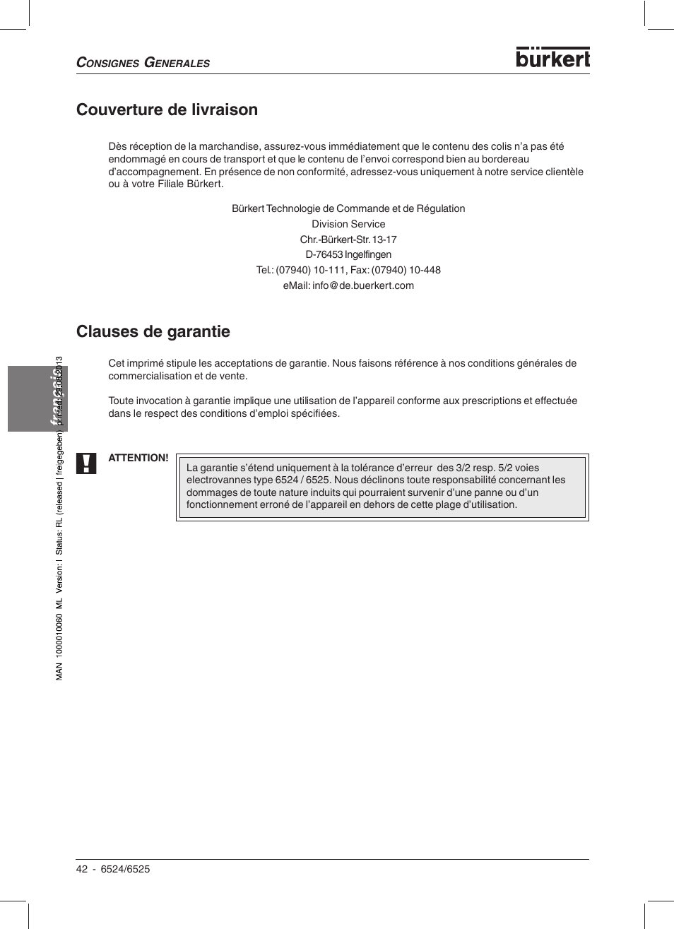 Clauses de garantie, Couverture de livraison, Français | Burkert Type 6525 User Manual | Page 44 / 57