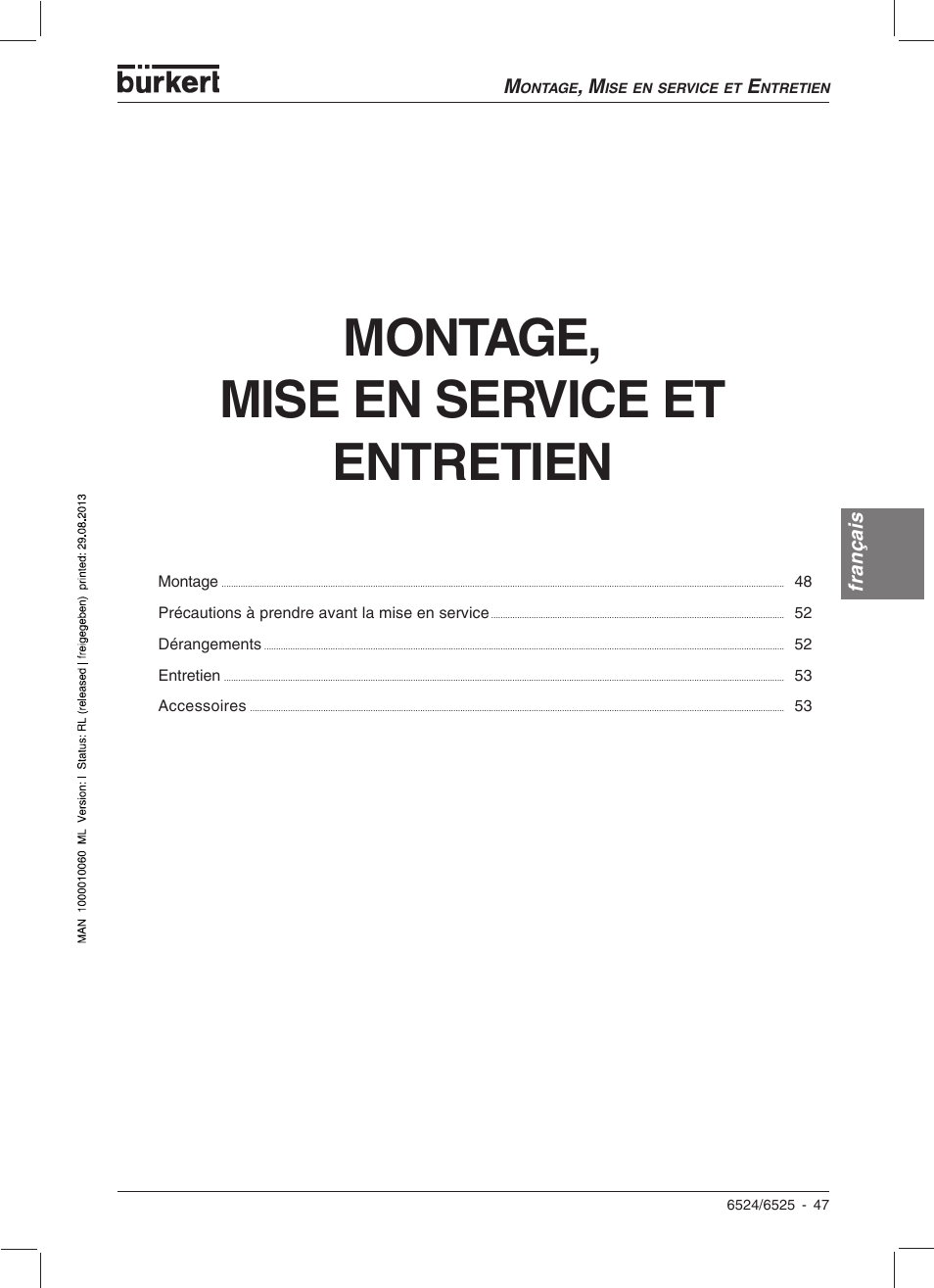 Montage, mise en service et entretien | Burkert Type 6525 User Manual | Page 49 / 57