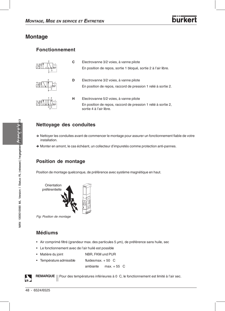 Montage, Français, Fonctionnement | Médiums, Position de montage, Nettoyage des conduites | Burkert Type 6525 User Manual | Page 50 / 57