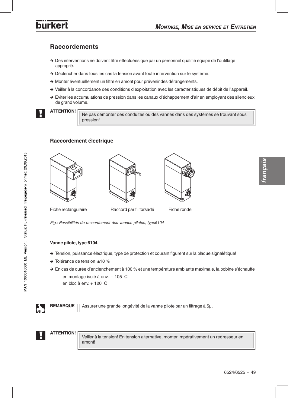 Français, Raccordements | Burkert Type 6525 User Manual | Page 51 / 57