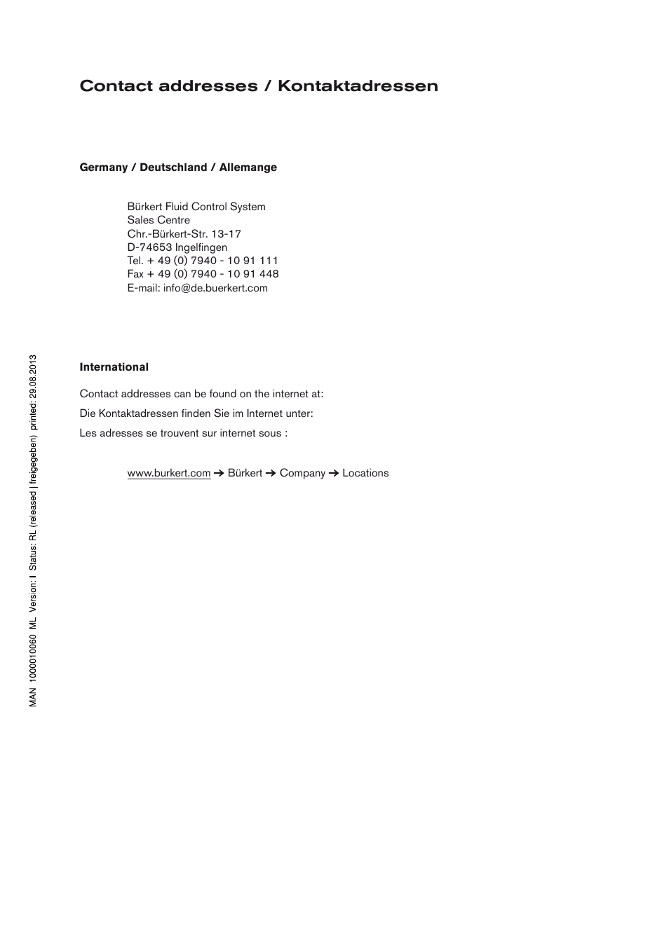 Contact addresses / kontaktadressen | Burkert Type 6525 User Manual | Page 56 / 57