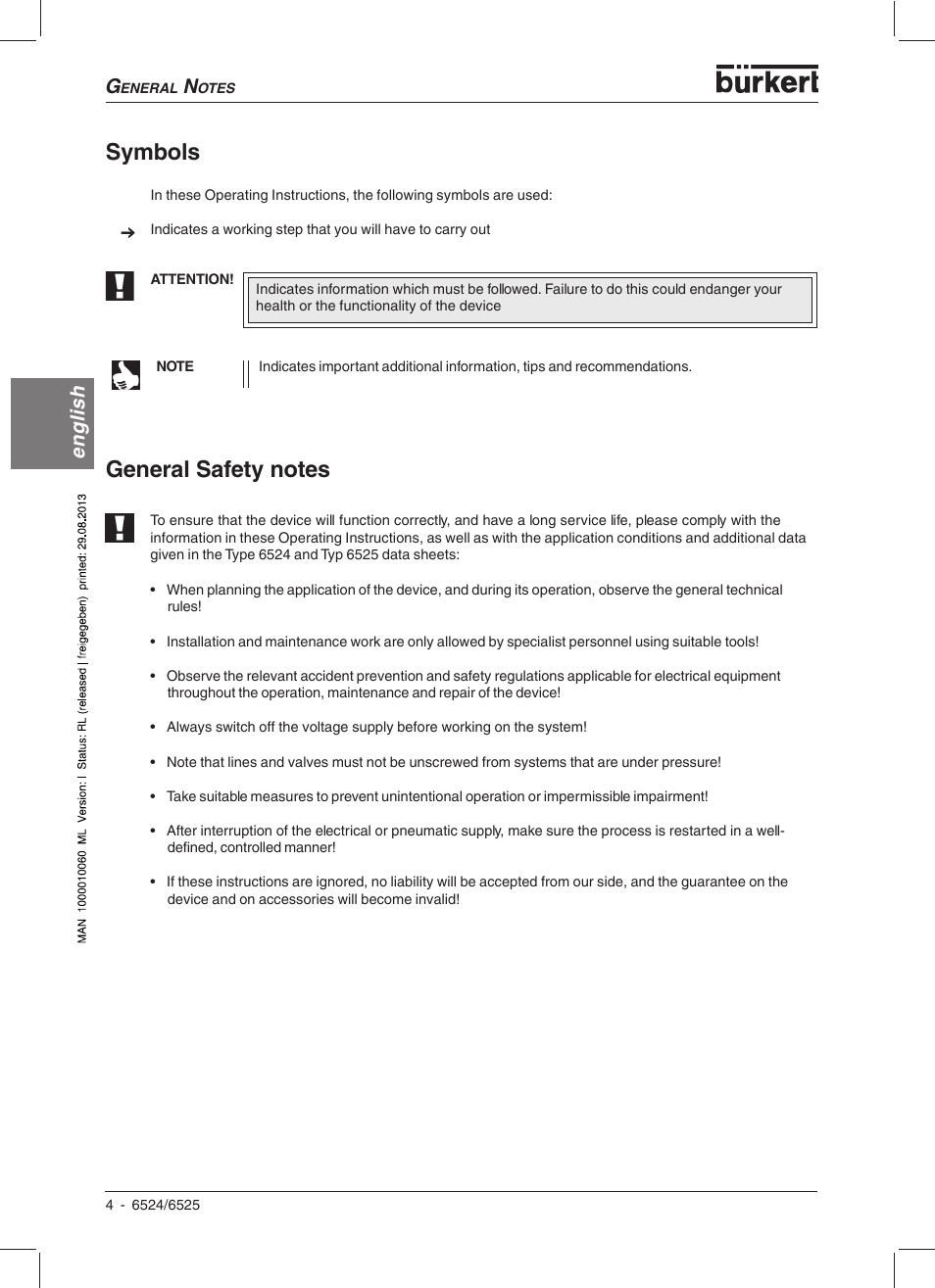 Symbols, English | Burkert Type 6525 User Manual | Page 6 / 57