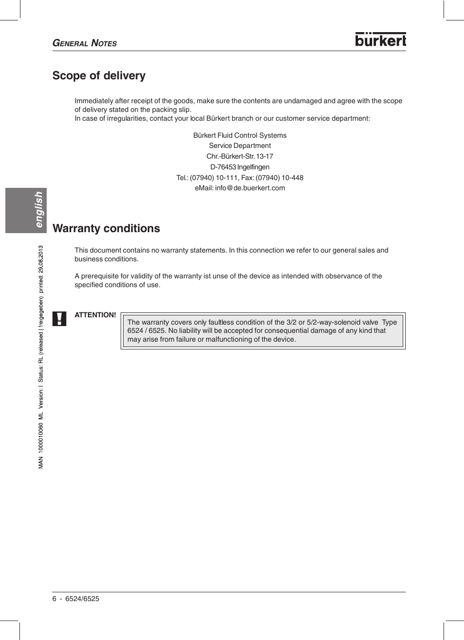 Warranty conditions, Scope of delivery, English | Burkert Type 6525 User Manual | Page 8 / 57