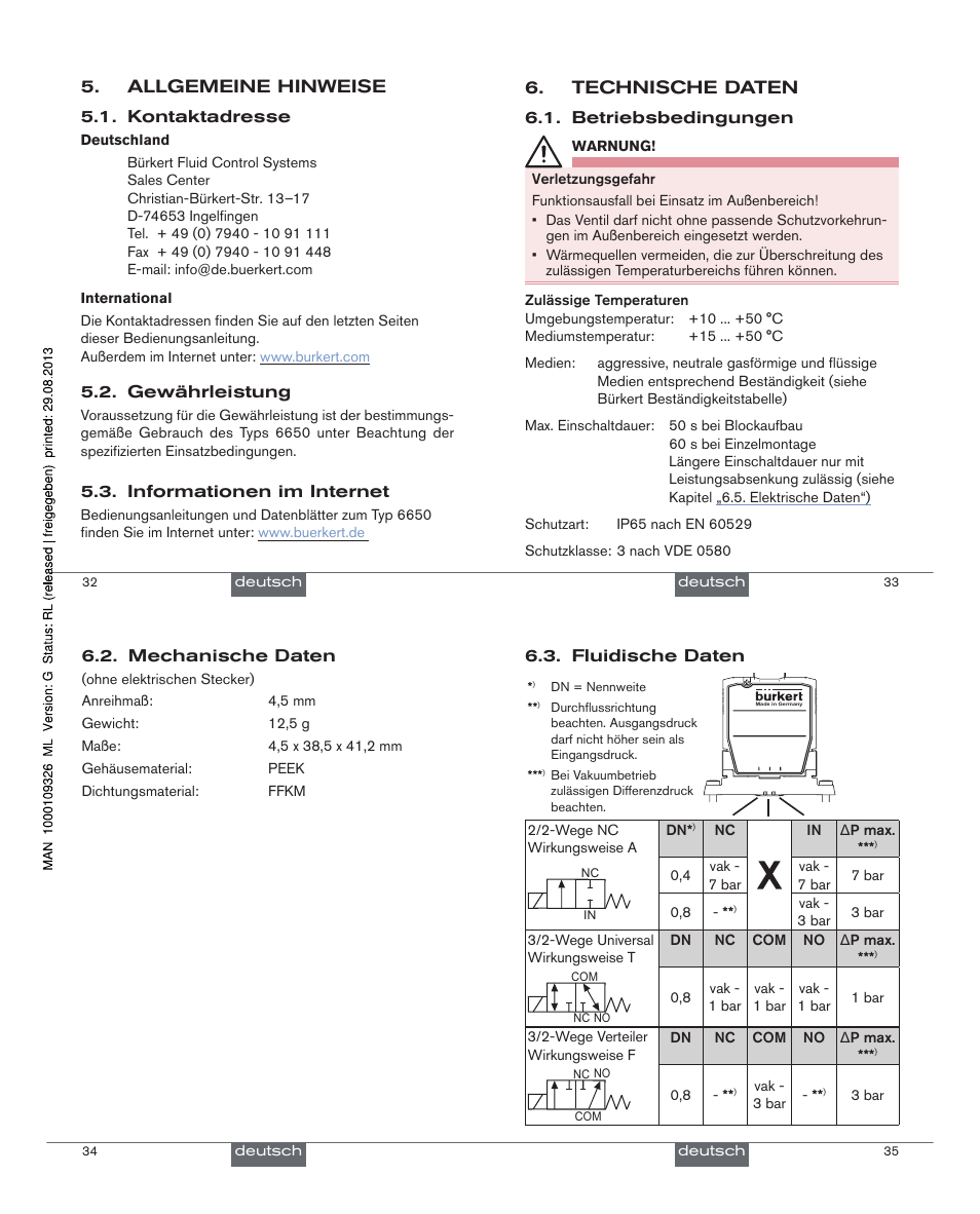 Allgemeine hinweise, Technische daten | Burkert Type 6650 User Manual | Page 10 / 21