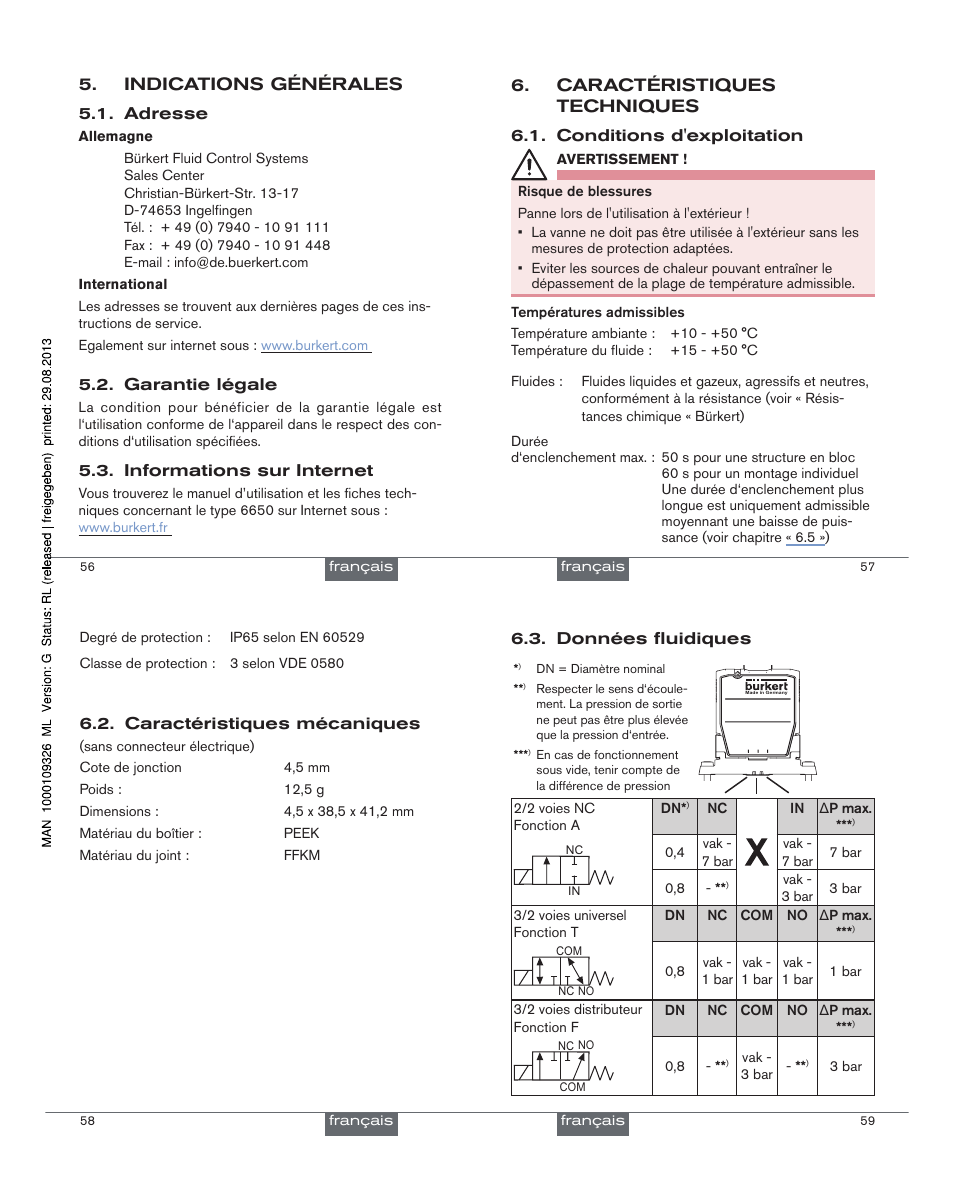 Indications générales, Caractéristiques techniques | Burkert Type 6650 User Manual | Page 17 / 21