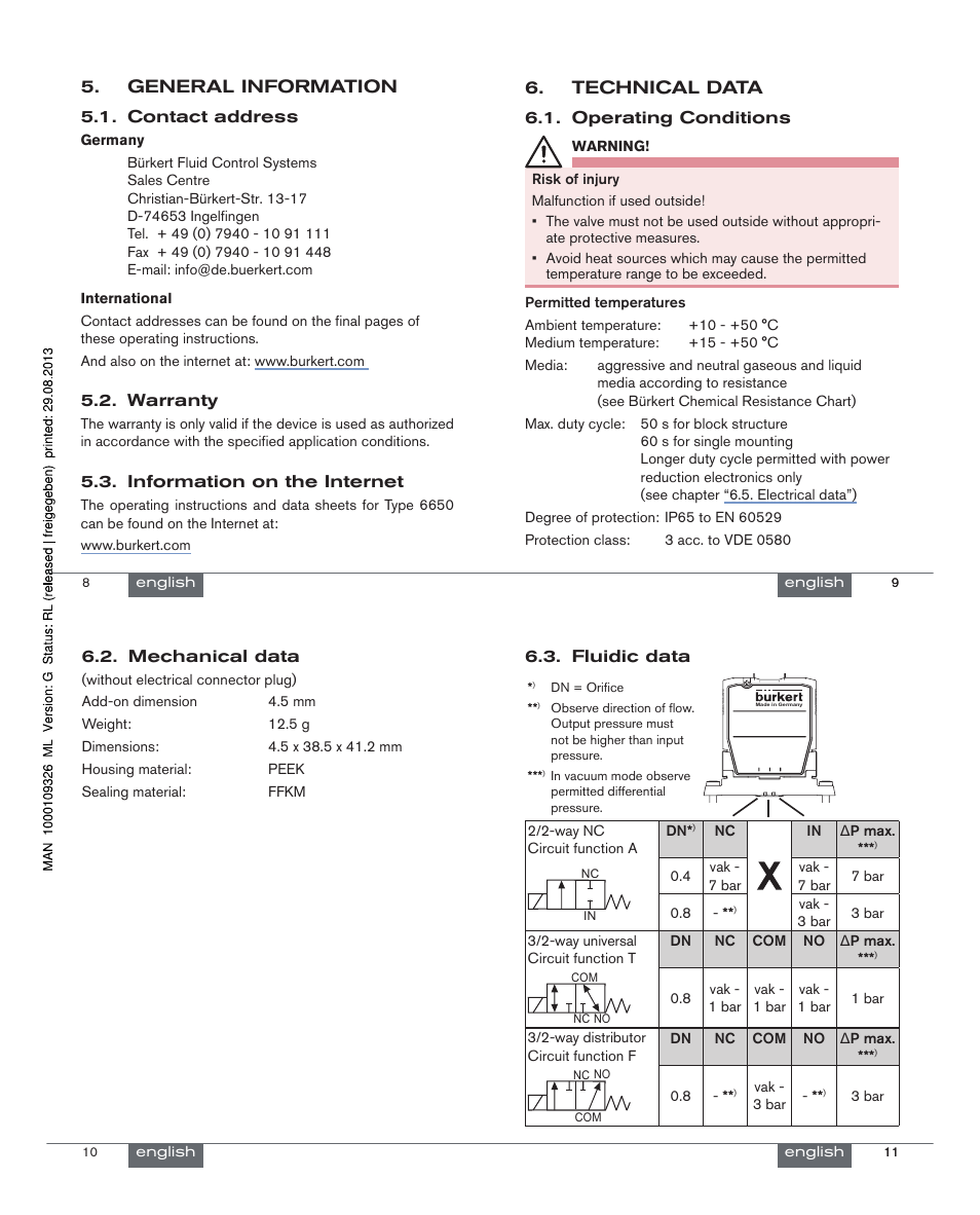 General information, Technical data | Burkert Type 6650 User Manual | Page 3 / 21