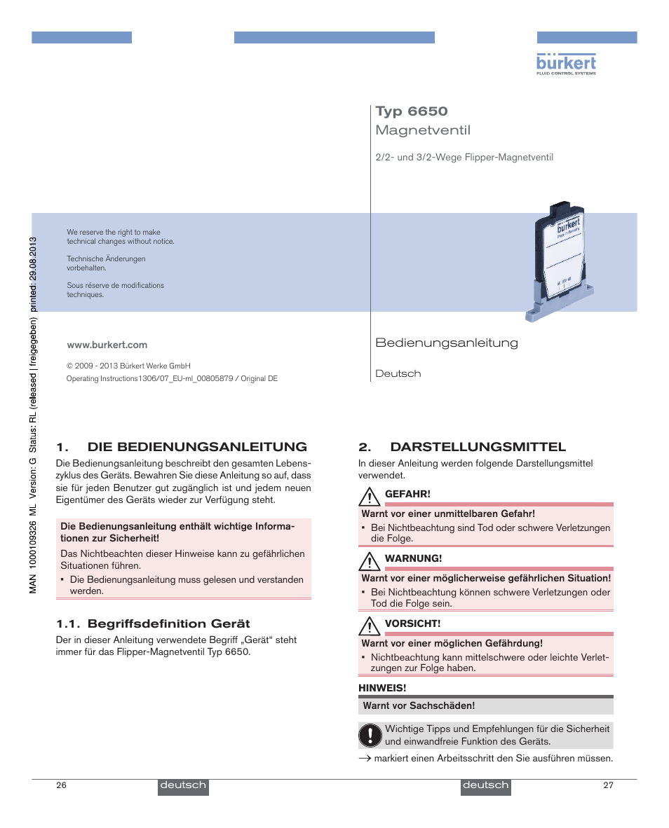 Deutsch, Typ 6650, Magnetventil | Burkert Type 6650 User Manual | Page 8 / 21