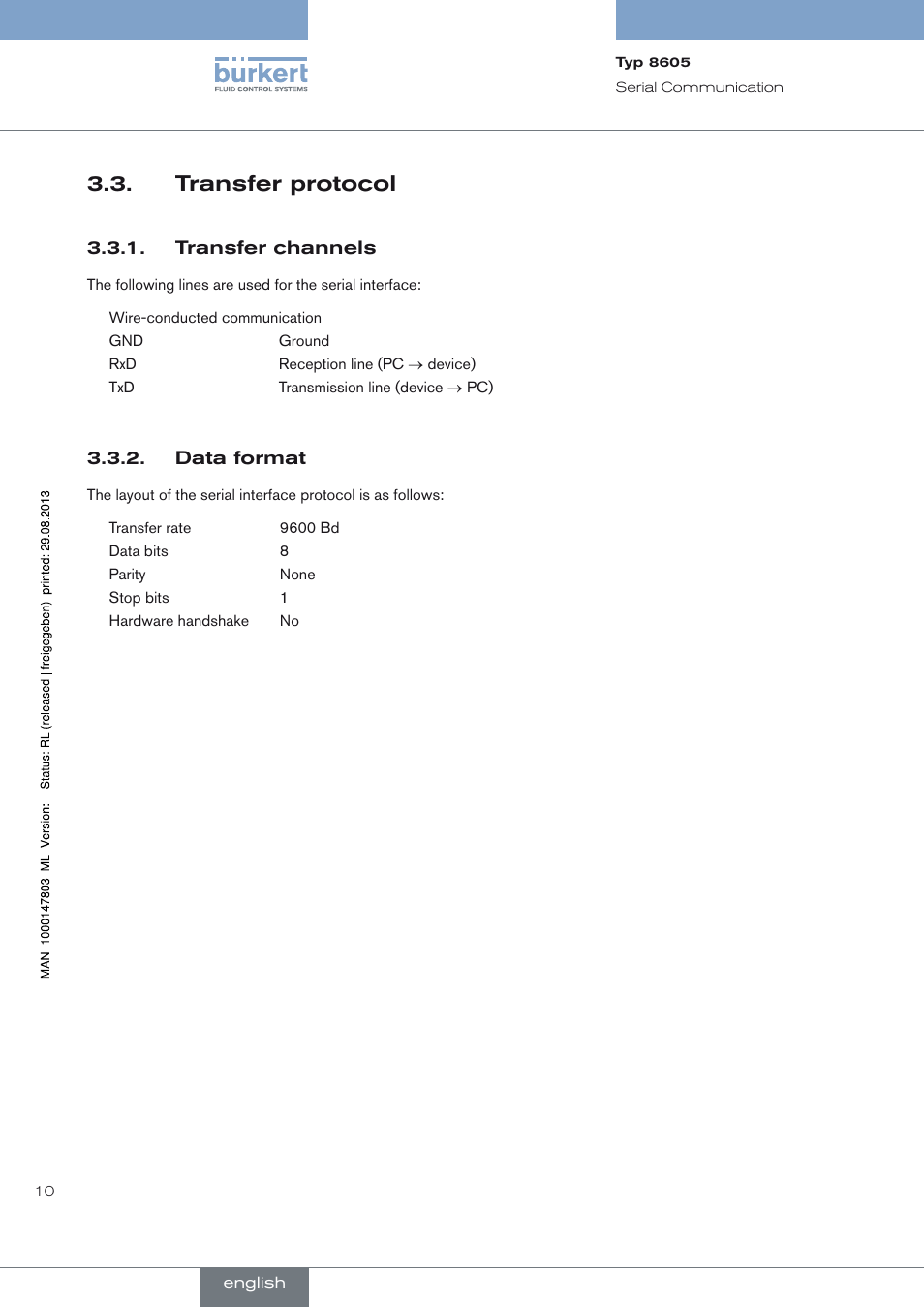Transfer protocol, Transfer protocol 3.3 | Burkert Type 8605 User Manual | Page 10 / 82
