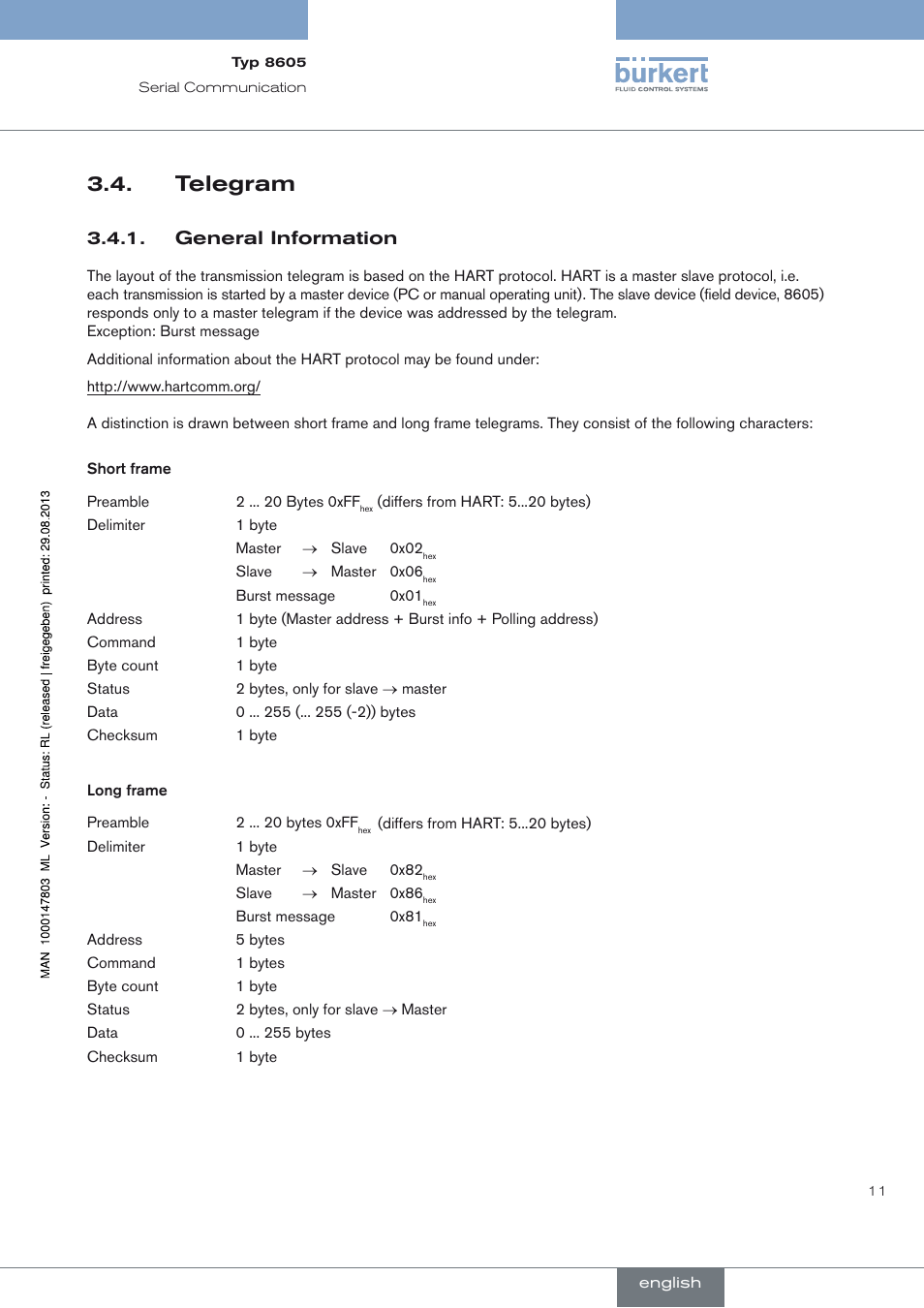 Telegram, Telegram 3.4, General information 3.4.1 | Burkert Type 8605 User Manual | Page 11 / 82