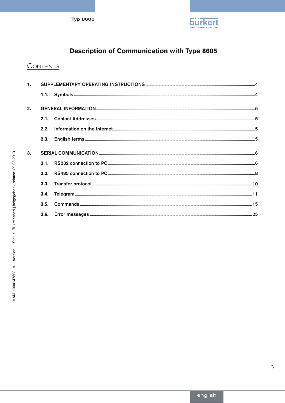 English, Description of communication with type 8605 | Burkert Type 8605 User Manual | Page 3 / 82