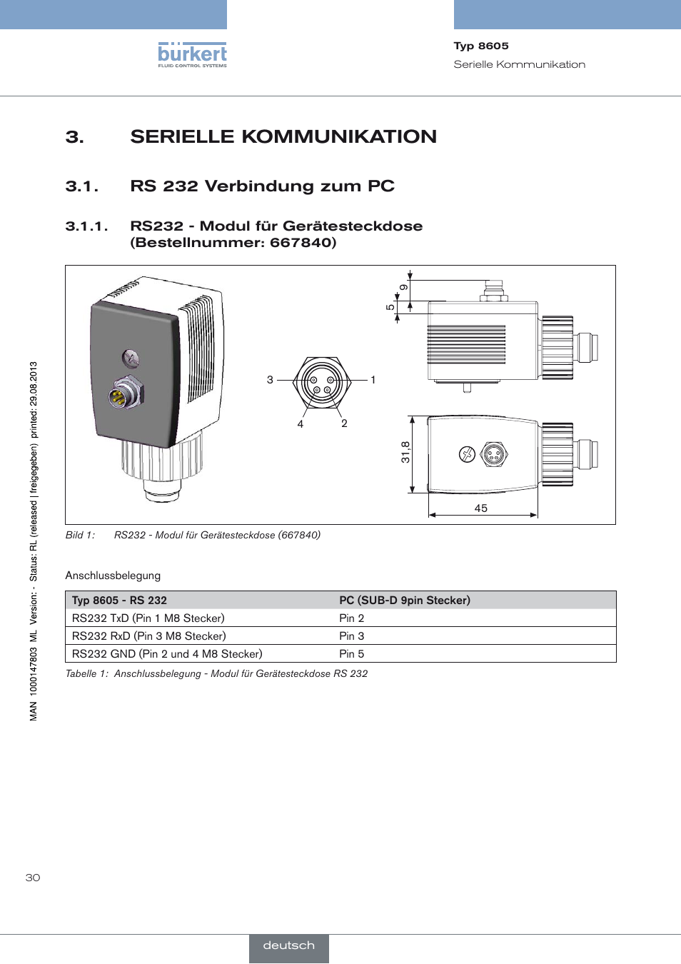 Serielle kommunikation, Rs 232 verbindung zum pc, Serielle kommunikation 3 | Burkert Type 8605 User Manual | Page 32 / 82