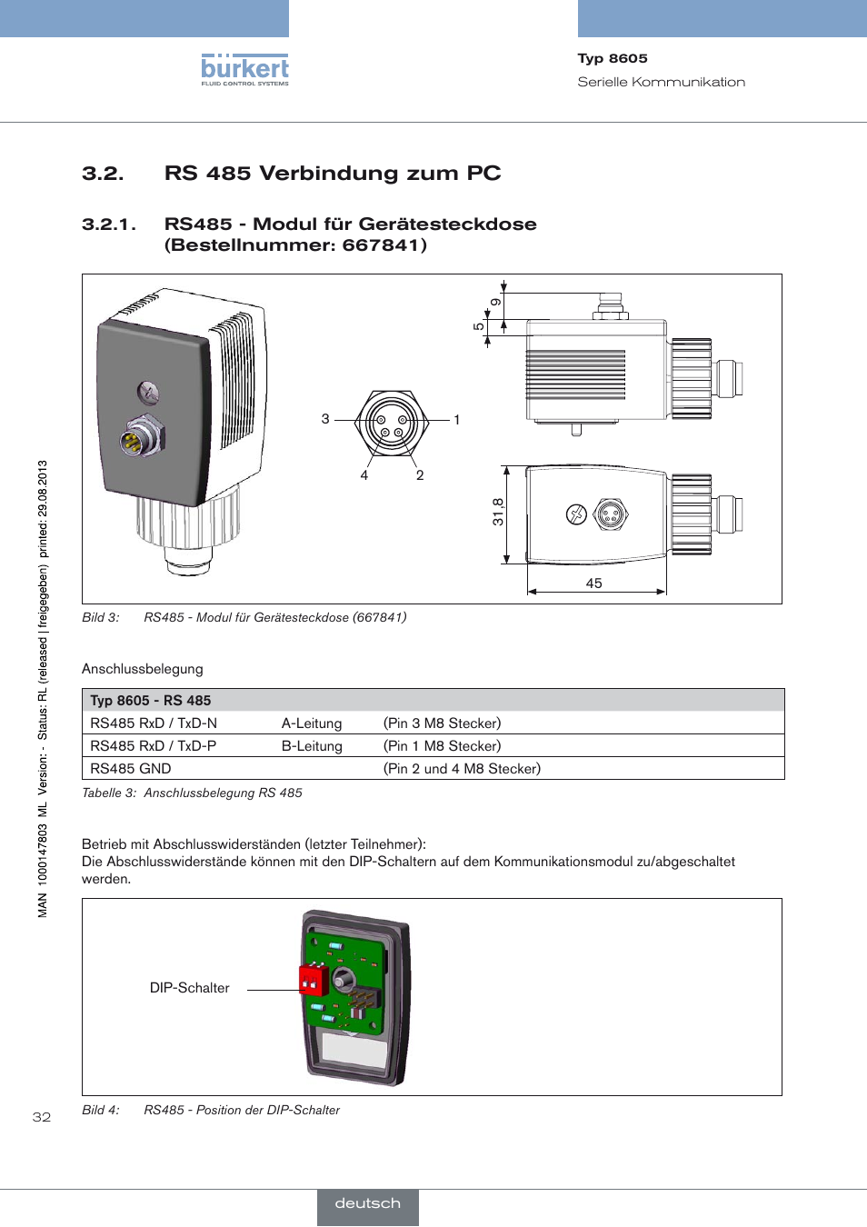 Rs 485 verbindung zum pc | Burkert Type 8605 User Manual | Page 34 / 82