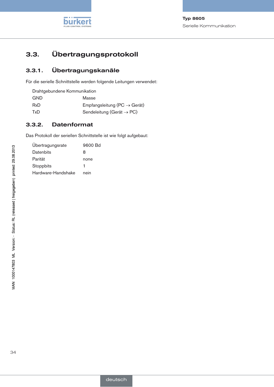 Übertragungsprotokoll, Übertragungsprotokoll 3.3 | Burkert Type 8605 User Manual | Page 36 / 82