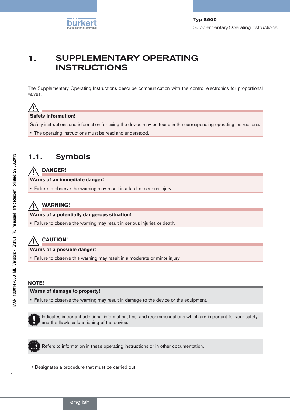 Supplementary operating instructions, Symbols | Burkert Type 8605 User Manual | Page 4 / 82