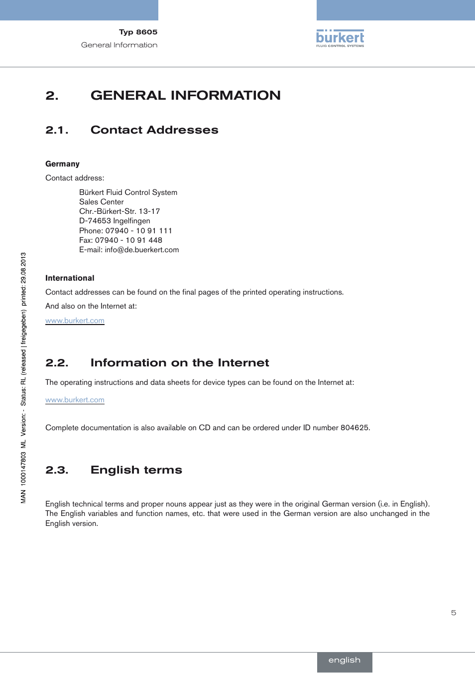 General information, Contact addresses, Information on the internet | English terms, English terms 2.3 | Burkert Type 8605 User Manual | Page 5 / 82