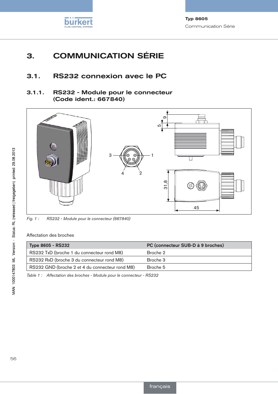 Communication série, Rs232 connexion avec le pc, Communication série 3 | Burkert Type 8605 User Manual | Page 58 / 82