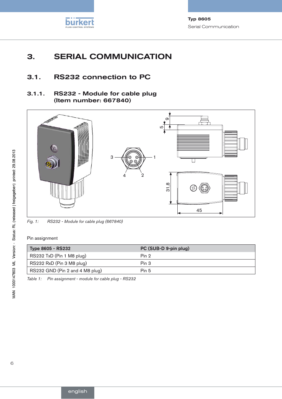 Serial communication, Rs232 connection to pc, Serial communication 3 | Burkert Type 8605 User Manual | Page 6 / 82