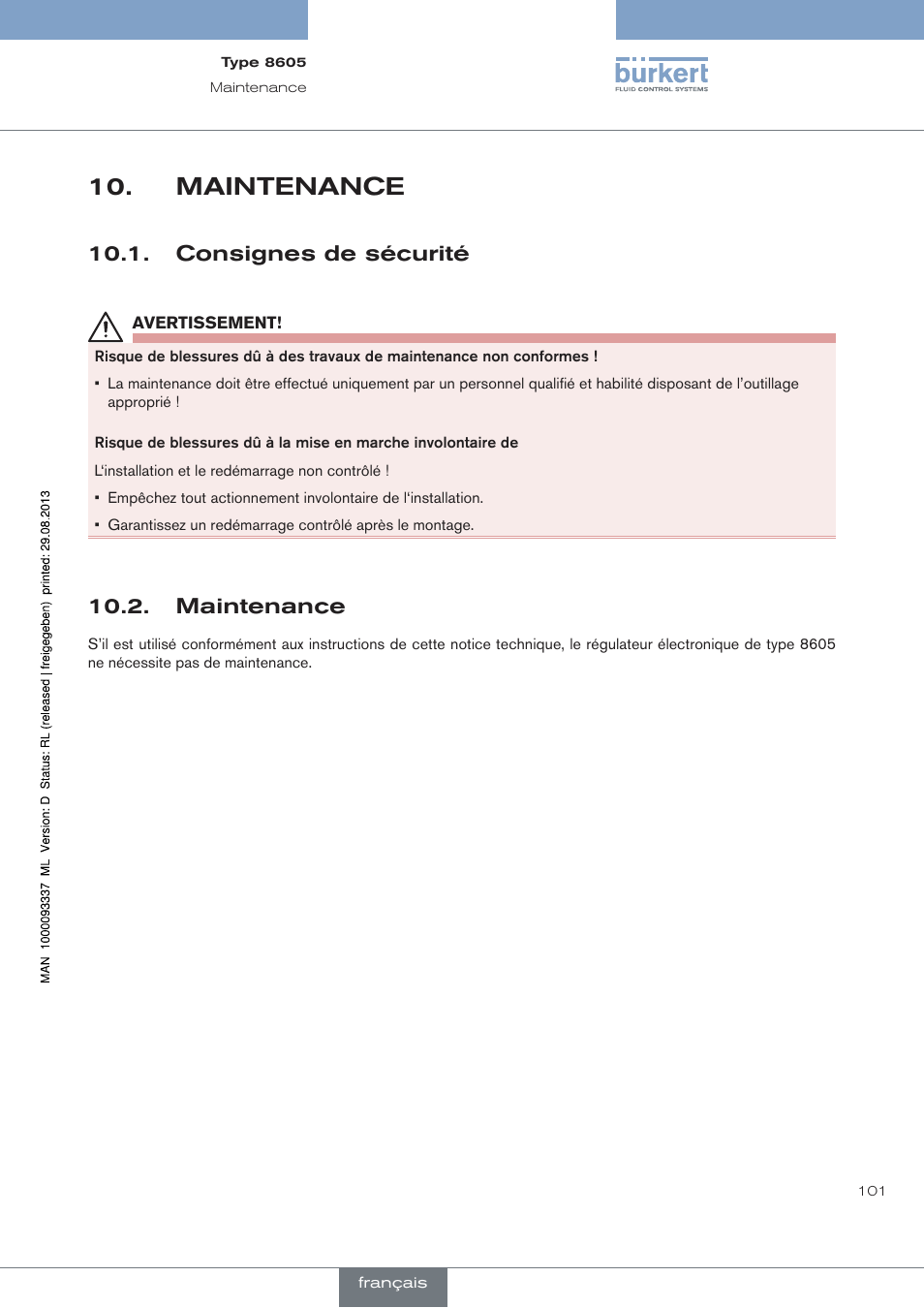 Maintenance, Consignes de sécurité | Burkert Type 8605 User Manual | Page 101 / 108