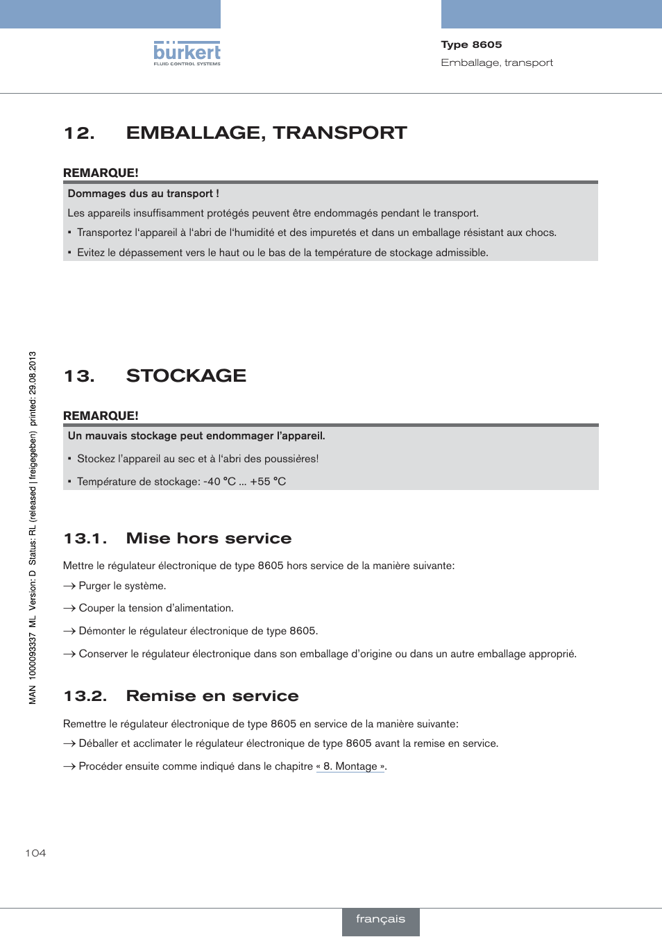 Emballage, transport, Stockage, Mise hors service | Remise en service | Burkert Type 8605 User Manual | Page 104 / 108