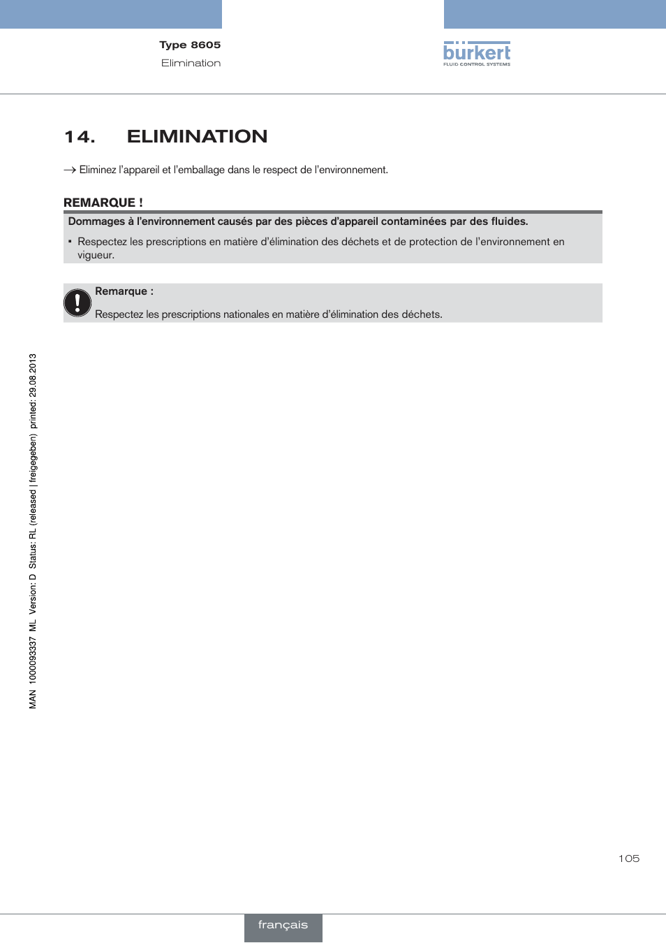Elimination | Burkert Type 8605 User Manual | Page 105 / 108