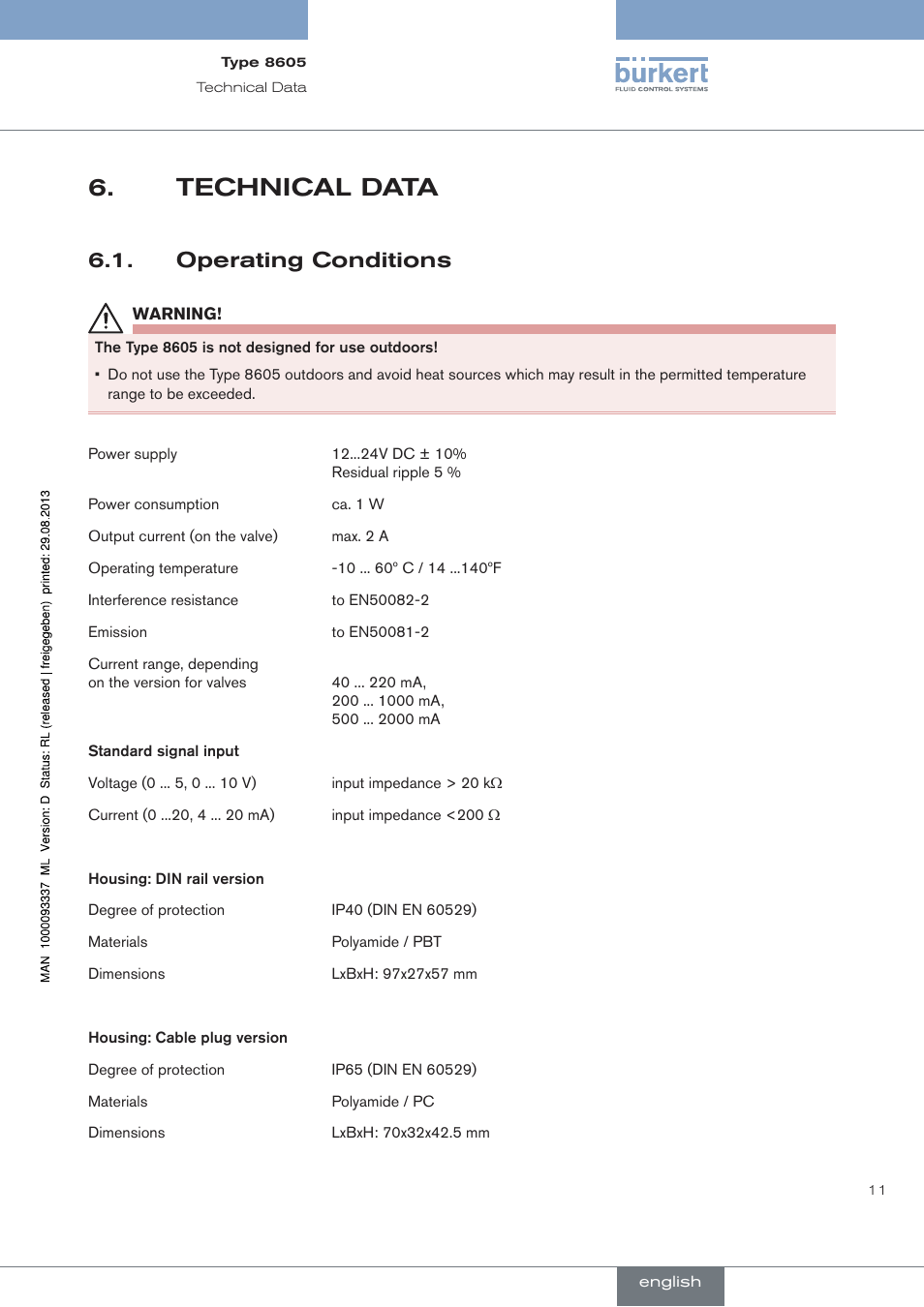 Technical data, Operating conditions | Burkert Type 8605 User Manual | Page 11 / 108