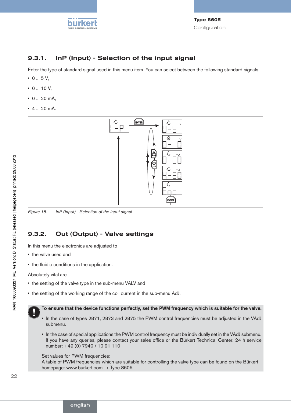 Inp (input) - selection of the input signal, Out (output) - valve settings | Burkert Type 8605 User Manual | Page 22 / 108