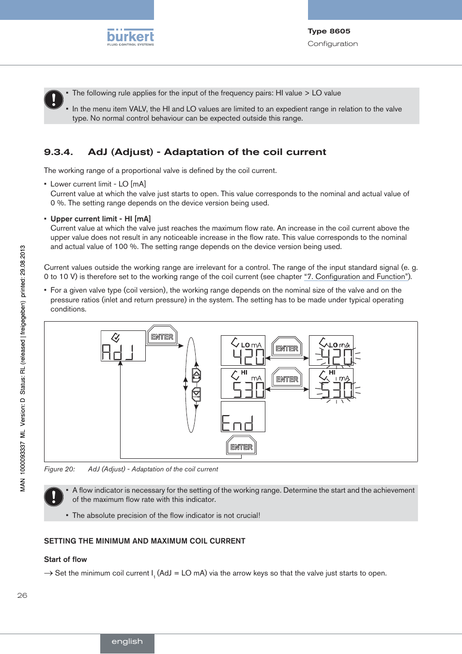 Adj (adjust) - adaptation of the coil current | Burkert Type 8605 User Manual | Page 26 / 108