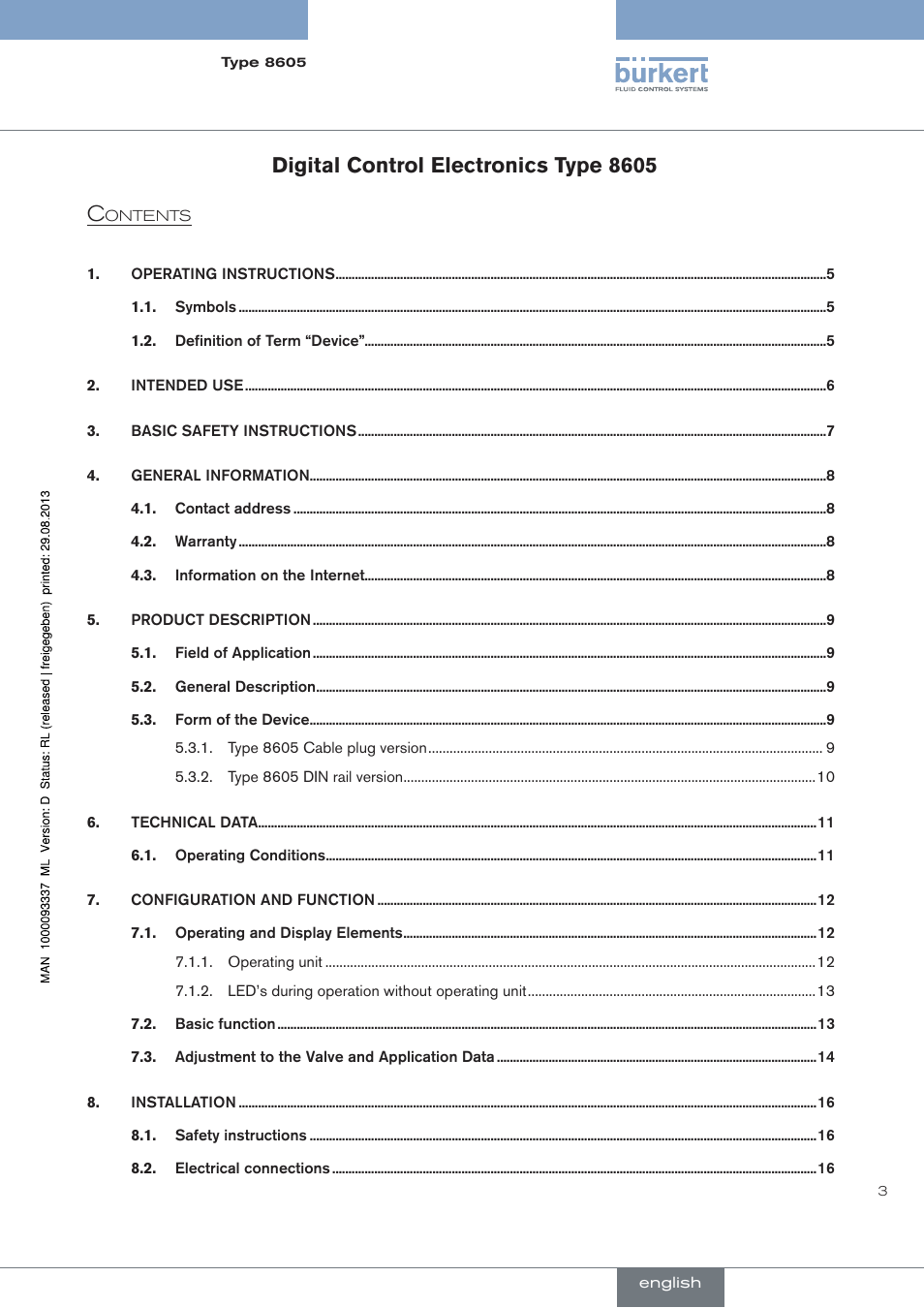 English, Digital control electronics type 8605 | Burkert Type 8605 User Manual | Page 3 / 108