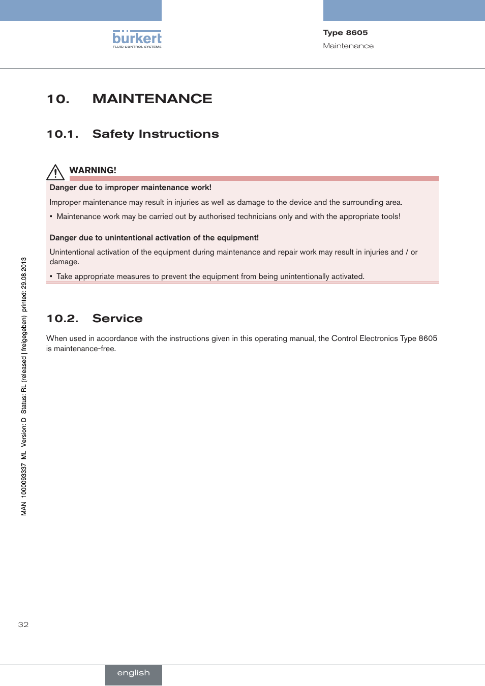 Maintenance, Safety instructions, Service | Burkert Type 8605 User Manual | Page 32 / 108