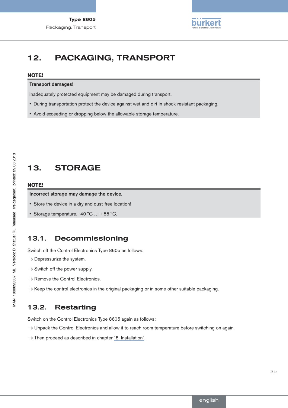 Packaging, transport, Storage, Decommissioning | Restarting | Burkert Type 8605 User Manual | Page 35 / 108